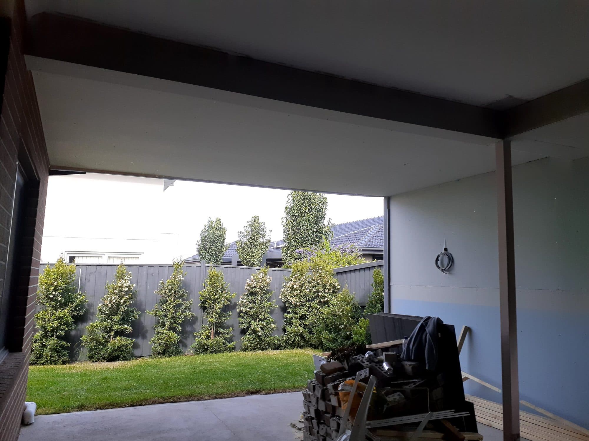 The extended roof and lined side wall, looking out to the garden