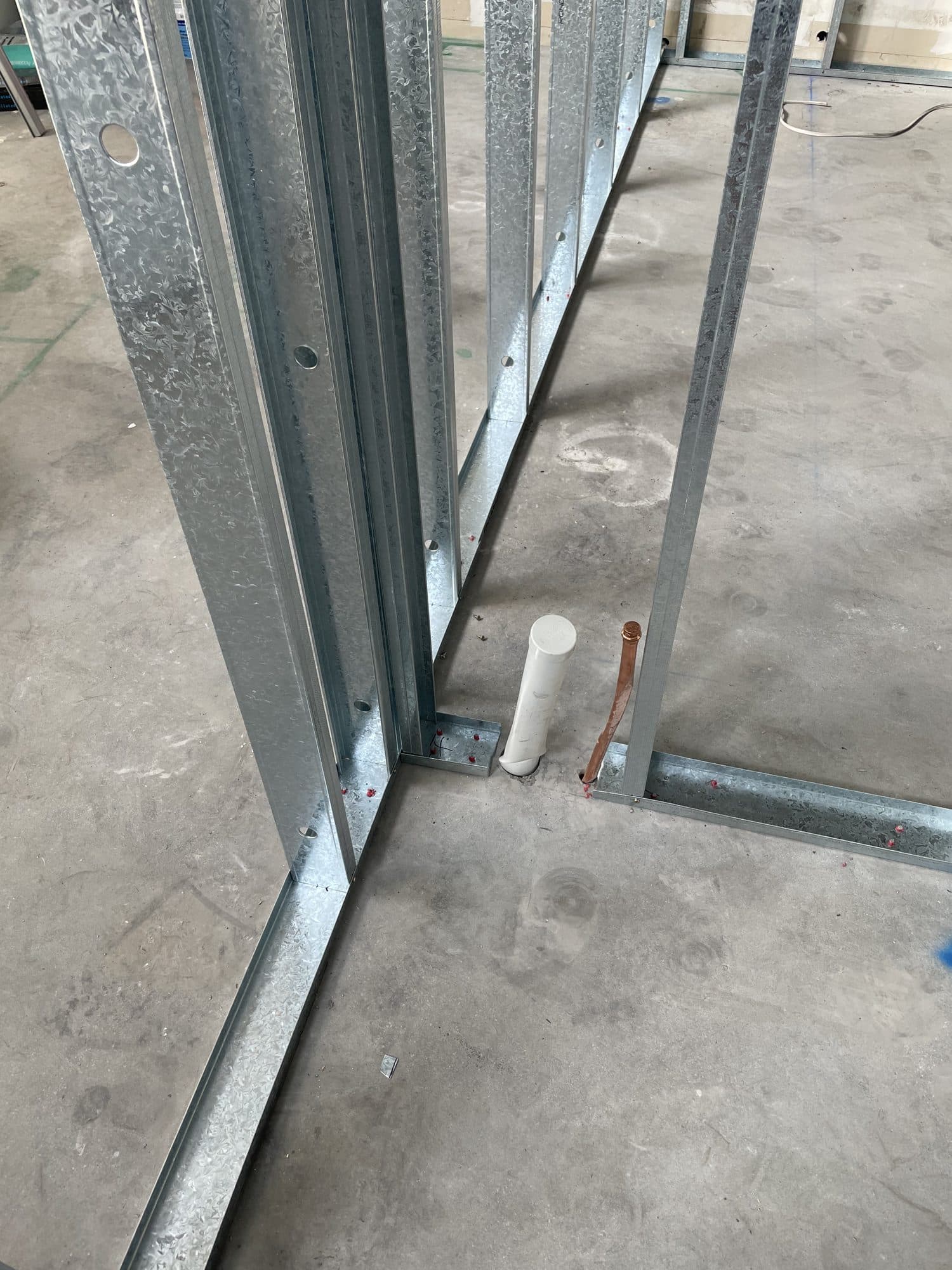 Steel stud framing close up at floor level