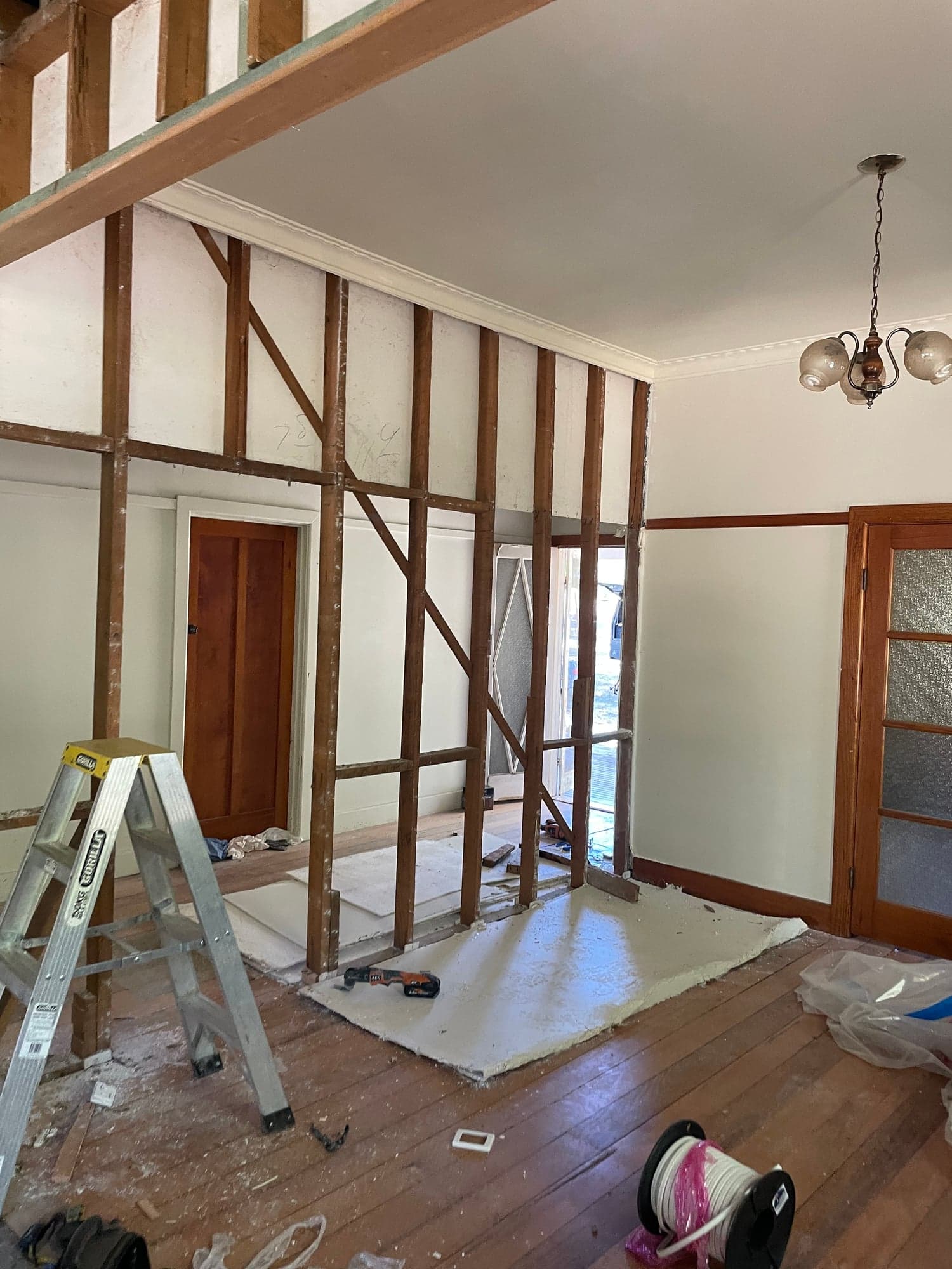 Stripped walls with services running through the open frame