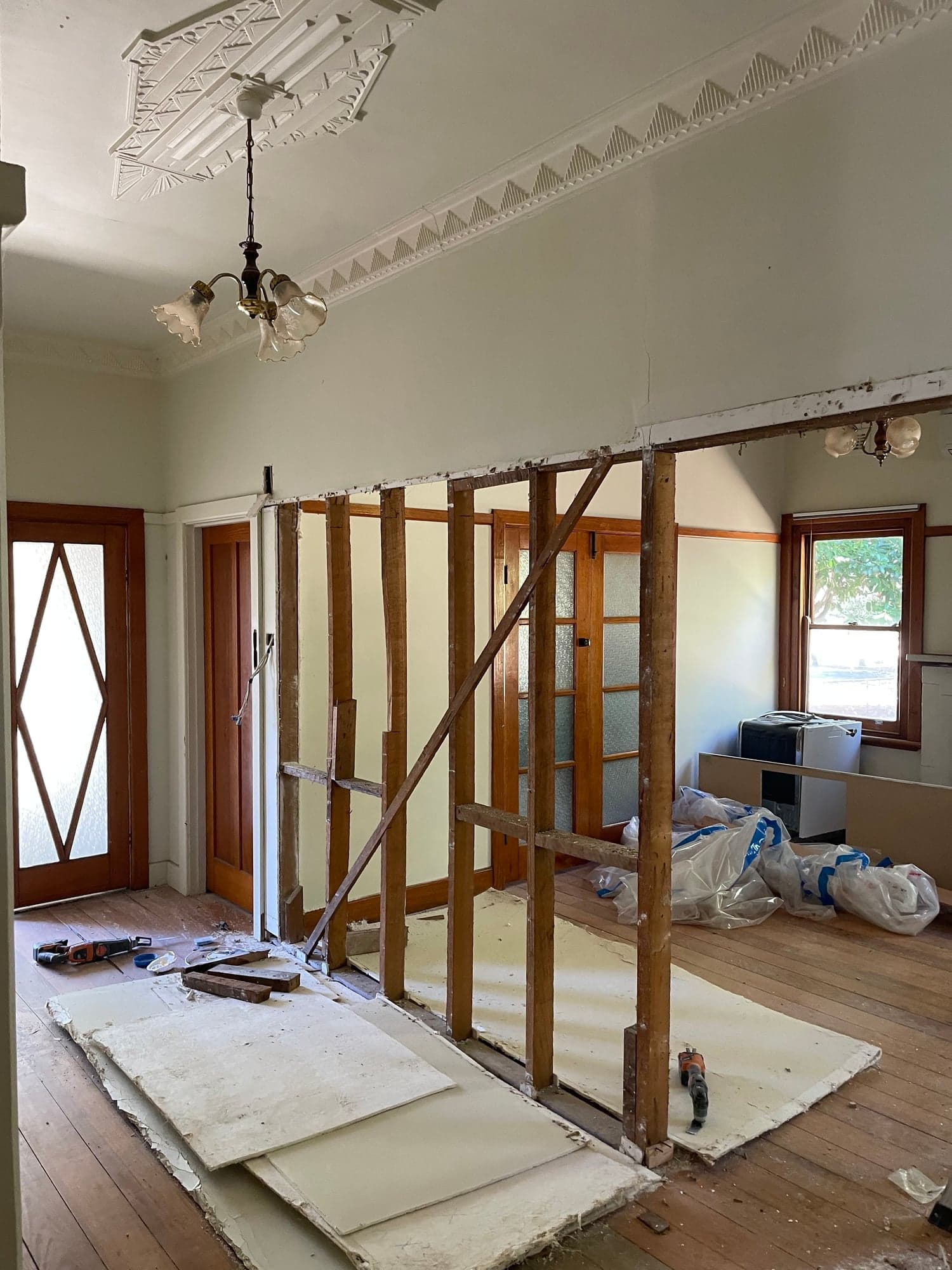 The frame of an internal wall, opened up